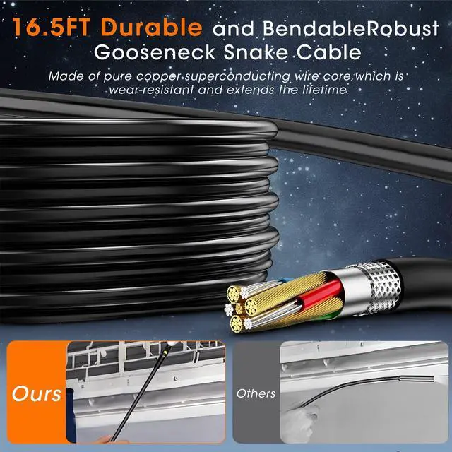 Alt view image 5 of 7 - Endoscope Camera with Light, 5" IPS 1920P HD Borescope with Triple Lens, Inspection Borescope with 16.4FT Semi-Rigid Snake Cable and 32GB Card, IP67 Waterproof Drain Camera for Sewer/Pipe/Automotive
