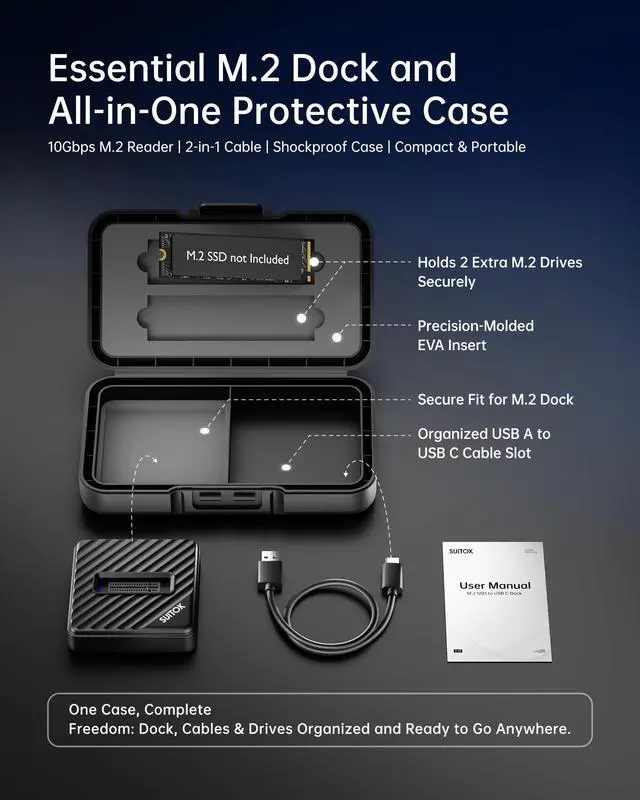 Alt view image 2 of 7 - M.2 NVMe SATA SSD Reader with Storage Box, 10Gbps M2 to USB A to C Adapter for External PCIE NGFF Drives, Tool-Free Docking Station Supporting 22110 2280 2260 2242 2230 Data Transfer Recovery
