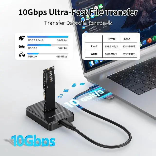 Alt view image 2 of 7 - M.2 NVME SATA SSD Enclosure Adapter, 10Gbps USB 3.2 Gen 2 USB C External, Aluminium Alloy Housing, Supports M.2 (M Key) NVMe & (B+M Key) SATA SSDs, Plug and Play External Storage Solution