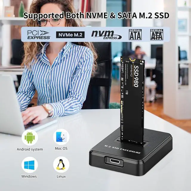 Alt view image 3 of 7 - M.2 NVME SATA SSD Enclosure Adapter, 10Gbps USB 3.2 Gen 2 USB C External, Aluminium Alloy Housing, Supports M.2 (M Key) NVMe & (B+M Key) SATA SSDs, Plug and Play External Storage Solution