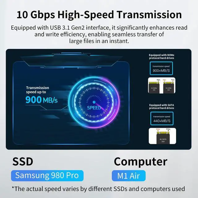 Alt view image 4 of 7 - M.2 NVME SATA SSD Enclosure Adapter, 10Gbps USB 3.2 Gen 2 USB C External, Aluminium Alloy Housing, Supports M.2 (M Key) NVMe & (B+M Key) SATA SSDs, Plug and Play External Storage Solution