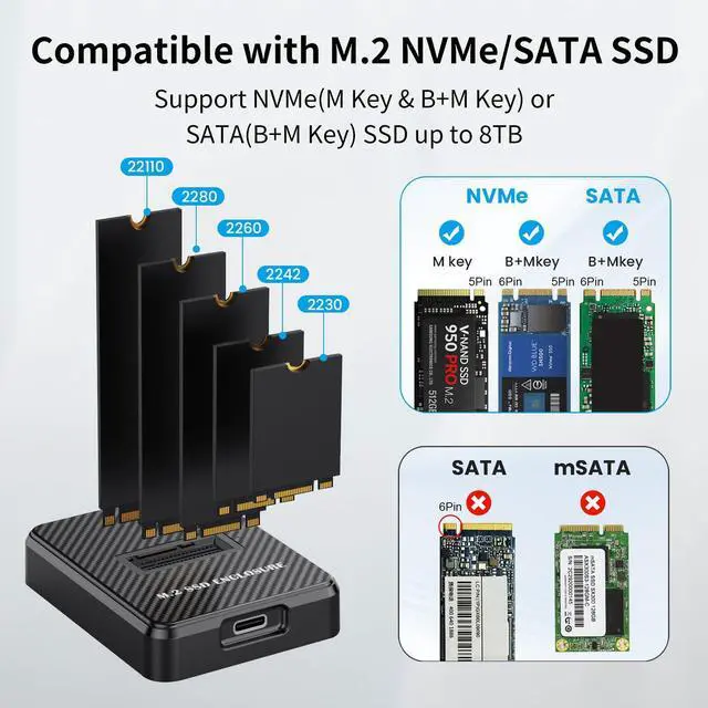 Alt view image 7 of 7 - M.2 NVME SATA SSD Enclosure Adapter, 10Gbps USB 3.2 Gen 2 USB C External, Aluminium Alloy Housing, Supports M.2 (M Key) NVMe & (B+M Key) SATA SSDs, Plug and Play External Storage Solution