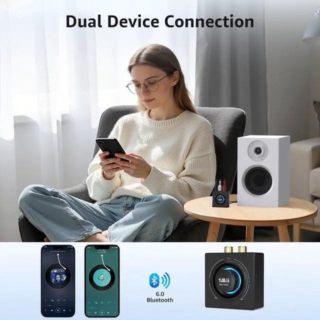 Alt view image 4 of 7 - B06T3 Bluetooth 6.0 Receiver for Home Stereo, Knob Volume Control, RCA & 3.5mm AUX Jack, Wireless Audio Adapter for Old Speakers, Wired Speakers, Home Audio Music Streaming Stereo System