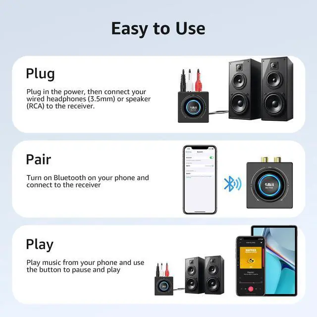 Alt view image 7 of 7 - B06T3 Bluetooth 6.0 Receiver for Home Stereo, Knob Volume Control, RCA & 3.5mm AUX Jack, Wireless Audio Adapter for Old Speakers, Wired Speakers, Home Audio Music Streaming Stereo System