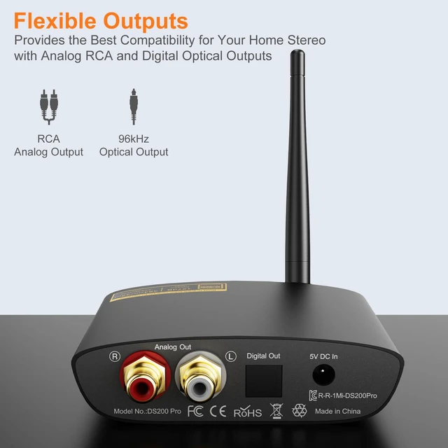 Alt view image 7 of 7 - DS200Pro Bluetooth 5.3 Receiver for Home Stereo, HiFi Wireless Audio Adapter with LDAC, Built-in DAC, Long Range, Optical & RCA Outputs