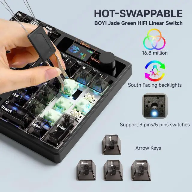 Alt view image 4 of 7 - TD31Pro Gaming Keyboard,Mini Mechanical Numpad,BT5.0/2.4G/Type-C Wireless Numeric Keypad,RGB HotSwap Numpad with Screen&Knob,Gasket Macro Pad Number keypad for Win/Mac(Black Transparent)