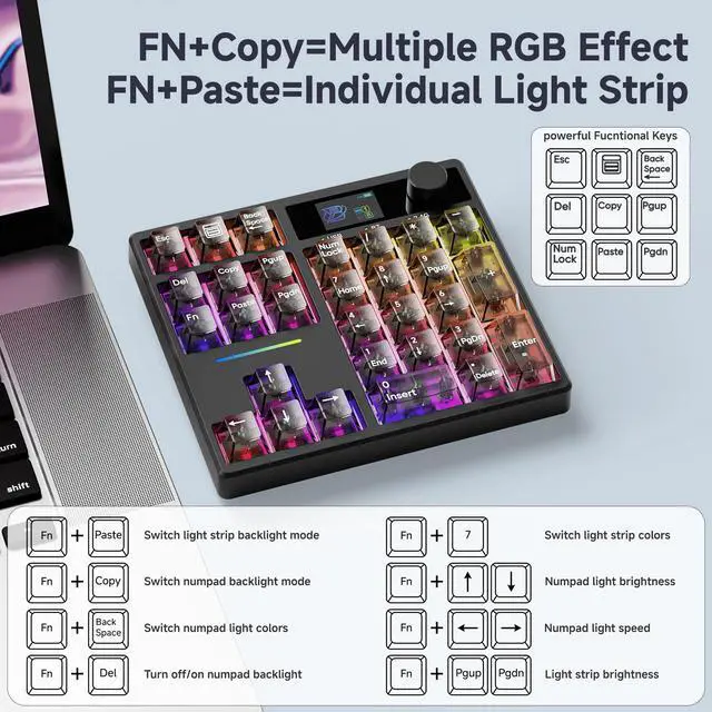 Alt view image 5 of 7 - TD31Pro Gaming Keyboard,Mini Mechanical Numpad,BT5.0/2.4G/Type-C Wireless Numeric Keypad,RGB HotSwap Numpad with Screen&Knob,Gasket Macro Pad Number keypad for Win/Mac(Black Transparent)