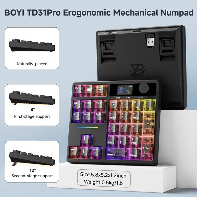 Alt view image 7 of 7 - TD31Pro Gaming Keyboard,Mini Mechanical Numpad,BT5.0/2.4G/Type-C Wireless Numeric Keypad,RGB HotSwap Numpad with Screen&Knob,Gasket Macro Pad Number keypad for Win/Mac(Black Transparent)