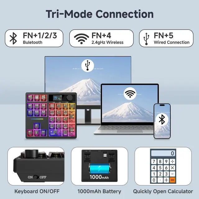 Alt view image 6 of 7 - TD31Pro Gaming Keyboard,Mini Mechanical Numpad,BT5.0/2.4G/Type-C Wireless Numeric Keypad,RGB HotSwap Numpad with Screen&Knob,Gasket Macro Pad Number keypad for Win/Mac(Black Transparent)