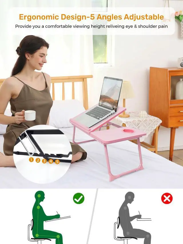 Alt view image 2 of 6 - Lap Desk for Couch/Sofa/Floor, 5-Angle Adjustable Bed Desk with Foldable Legs &Cup Holder, Light Weight Bed Tray Table for Writing/Eating/Reading, Portable Laptop Stand for Adults, Kids