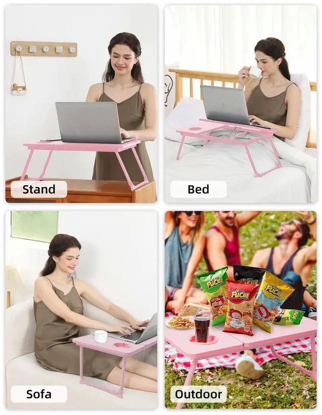 Alt view image 4 of 6 - Lap Desk for Couch/Sofa/Floor, 5-Angle Adjustable Bed Desk with Foldable Legs &Cup Holder, Light Weight Bed Tray Table for Writing/Eating/Reading, Portable Laptop Stand for Adults, Kids