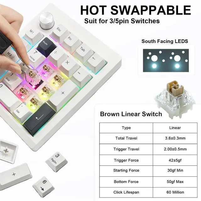 Alt view image 3 of 7 - GMK26 Mechanical Numpad,VIA Macro Keypad BT5.0/2.4ghz/Type C Wireless Number Pad RGB HotSwap Numeric Keypads with Knob,PBT Keycaps Gasket Rechargeable Number Keypad for PC Laptop Desktop (White)