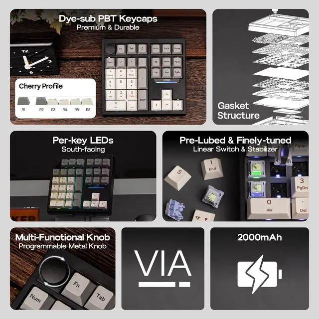 Alt view image 3 of 7 - TH33 Wireless Mechanical Numpad, VIA, BT/2.4G/USB, Hot-Swap, RGB Backlit, Gasket, PBT Keycap, Creamy Switch, Number Pad with Arrow Keys & Knob for PC/Mac