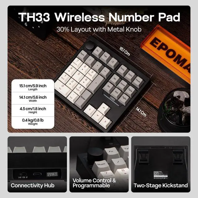 Alt view image 2 of 7 - TH33 Wireless Mechanical Numpad, VIA, BT/2.4G/USB, Hot-Swap, RGB Backlit, Gasket, PBT Keycap, Creamy Switch, Number Pad with Arrow Keys & Knob for PC/Mac