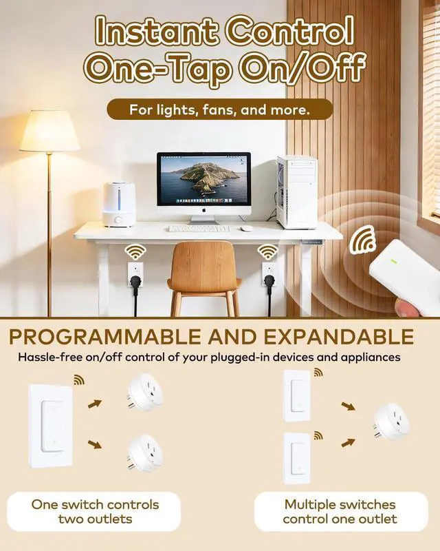 Alt view image 4 of 4 - Wireless Remote Outlet Switch,Remote Lamp Switch,On Off Light Plug Decorator Switches Wall Mounted, 500FT, 15A/1500W, TUV List,Programmable, No Wiring,Lamp,Fans,Household Appliances