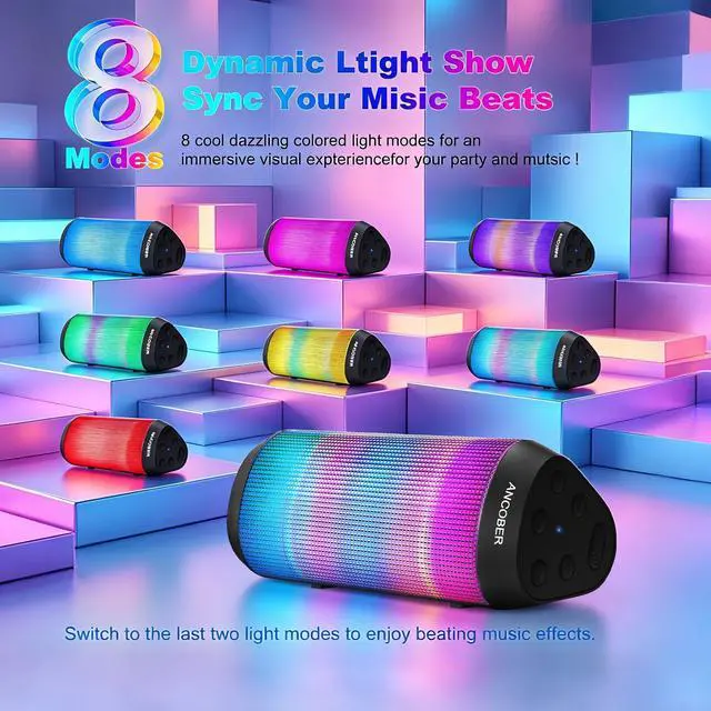 Alt view image 3 of 7 - Bluetooth Speaker, Portable Wireless Speaker with HD Stereo Loud Sound, LED Lights, IPX4 Wateproof, 24H Playtime, TWS Pairing, BT5.3, Built-in Mic, for Home, Outdoor, Party, Travel, Gifts for Him, Her