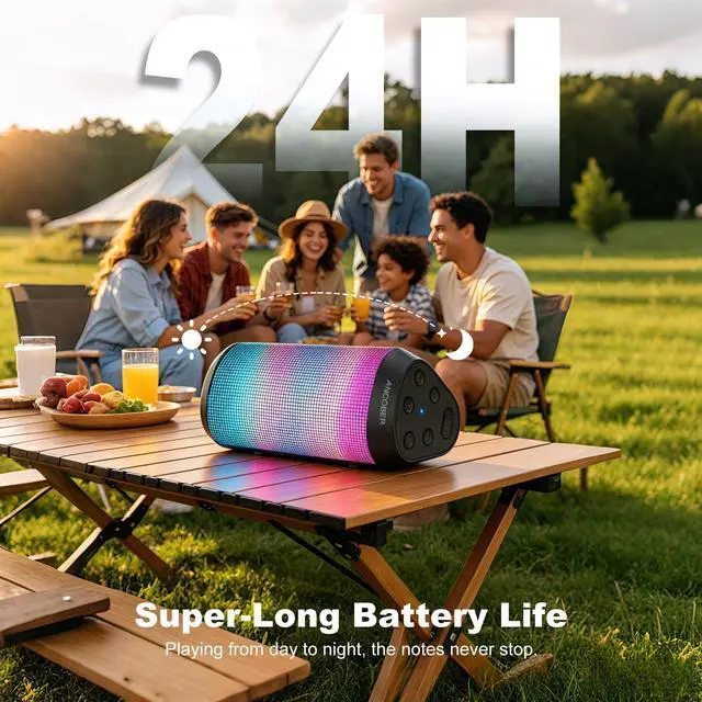 Alt view image 4 of 7 - Bluetooth Speaker, Portable Wireless Speaker with HD Stereo Loud Sound, LED Lights, IPX4 Wateproof, 24H Playtime, TWS Pairing, BT5.3, Built-in Mic, for Home, Outdoor, Party, Travel, Gifts for Him, Her