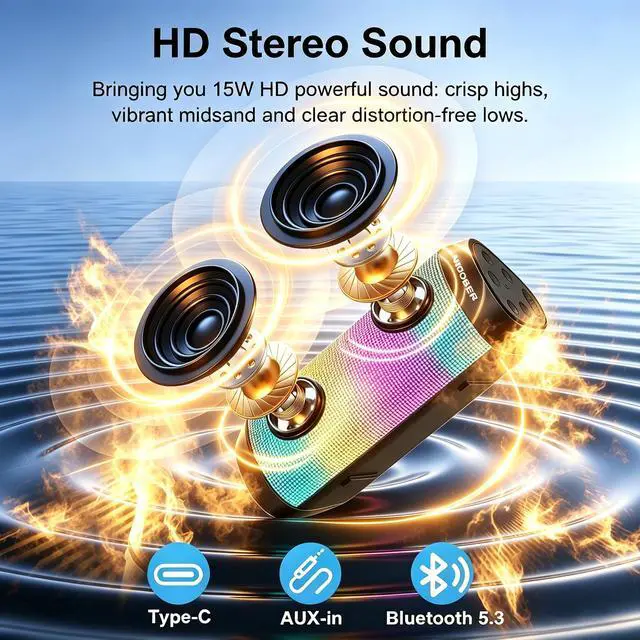 Alt view image 2 of 7 - Bluetooth Speaker, Portable Wireless Speaker with HD Stereo Loud Sound, LED Lights, IPX4 Wateproof, 24H Playtime, TWS Pairing, BT5.3, Built-in Mic, for Home, Outdoor, Party, Travel, Gifts for Him, Her