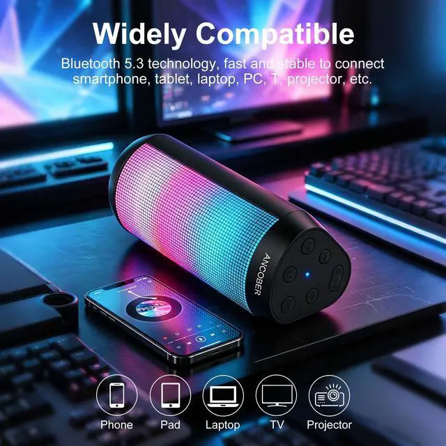 Alt view image 7 of 7 - Bluetooth Speaker, Portable Wireless Speaker with HD Stereo Loud Sound, LED Lights, IPX4 Wateproof, 24H Playtime, TWS Pairing, BT5.3, Built-in Mic, for Home, Outdoor, Party, Travel, Gifts for Him, Her