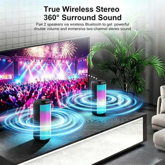 Alt view image 5 of 7 - Bluetooth Speaker, Portable Wireless Speaker with HD Stereo Loud Sound, LED Lights, IPX4 Wateproof, 24H Playtime, TWS Pairing, BT5.3, Built-in Mic, for Home, Outdoor, Party, Travel, Gifts for Him, Her