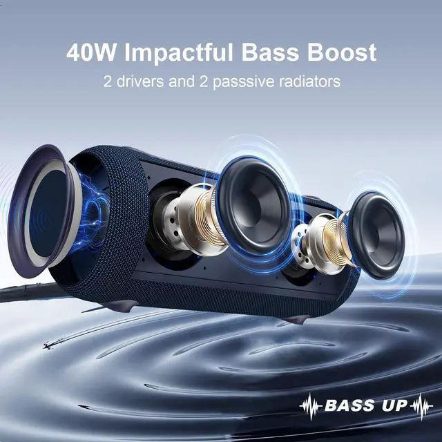 Alt view image 2 of 7 - Portable Bluetooth Speakers 40W Peak Loud Stereo Sound, Passive Radiators-Deep Bass, All Day Playtime, Adjustable Strap, BT5.3, IPX5 Wireless Speaker RGB Lights for Indoor Outdoor-Blue