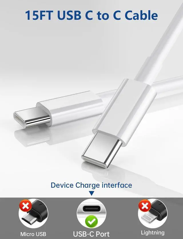 Alt view image 2 of 7 - 15FT USB C to USB C Cable, 60W USBC to USBC Cord, Extra Long Type C to Type C Fast Charging Cable for iPhone 17 16 15 Pro Plus Pro Max,Galaxy S26/S25/S24,iPad Pro/Air,MacBook Pro/Air and More