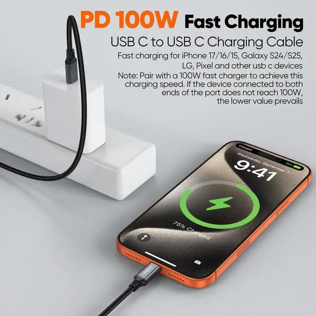 Alt view image 2 of 7 - 15 ft USB C Cable Fast Charging 100W 2Pack, Extra Long USBC to Type-C Charger Cord 15 foot with E-Marker Chip 480Mbps Data Transfer Braided for iPhone 17/16/15 Android Phone MacBook Pro Laptop Tablet