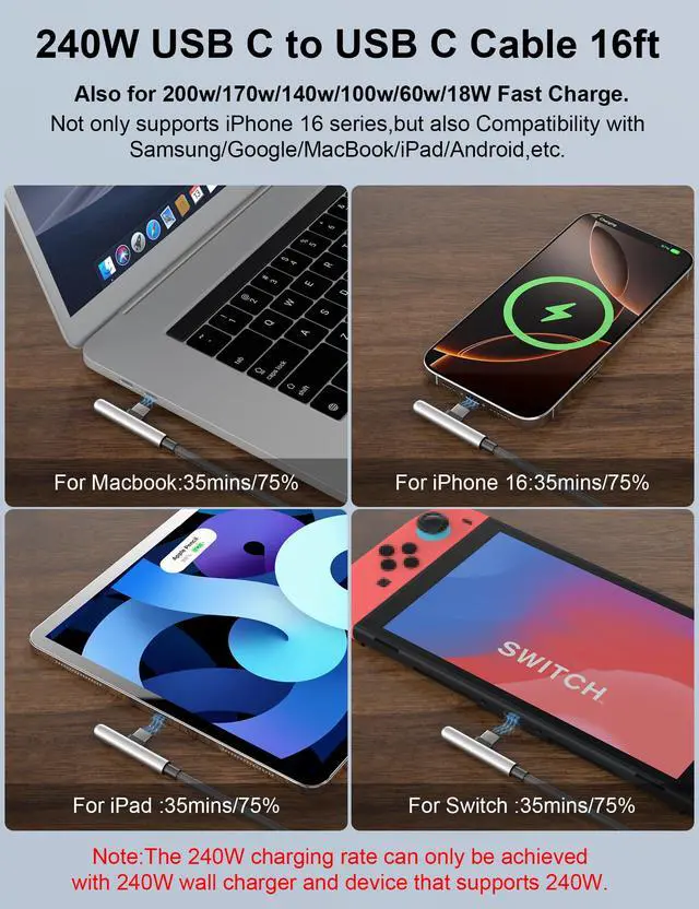 Alt view image 4 of 7 - 16FT USB C Cable Fast Charging 240W,Extra Long USB C to USB C Cable 16foot Type C Right Angle Charger Data Cord Braided for iPhone 17 16 Pro Max 15/iPad/MacBook Pro Air/Galaxy S26 S25 S24 Ultra,Black