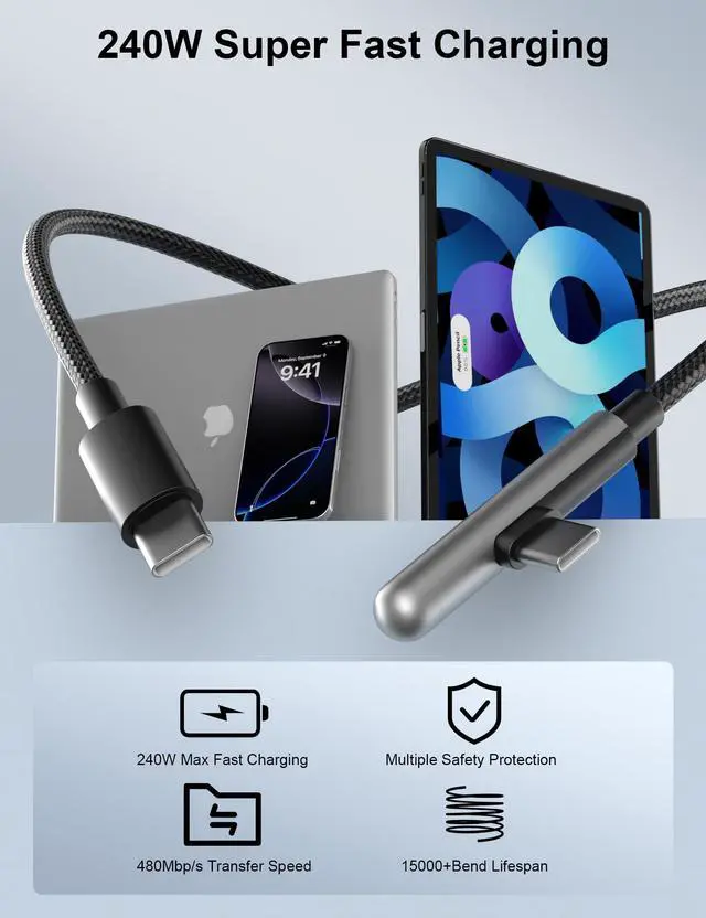 Alt view image 2 of 7 - 16FT USB C Cable Fast Charging 240W,Extra Long USB C to USB C Cable 16foot Type C Right Angle Charger Data Cord Braided for iPhone 17 16 Pro Max 15/iPad/MacBook Pro Air/Galaxy S26 S25 S24 Ultra,Black