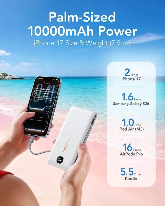 Alt view image 6 of 7 - Portable Charger with Built in Cables 10000mAh, Power Bank for iPhone with AC Wall Plug, Fast Charging USB C Slim Battery Pack with LED Display Compatible with iPhone 17/16/15, Samsung