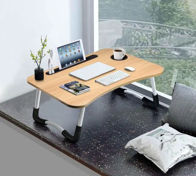 Alt view image 4 of 6 - Lap Desk with Cup Holder, Foldable Laptop Table for Bed, Portable Bed Desk for Laptop and Writing, Computer Tray with Tablet Slot, Notebook Stand Reading Holder for Couch Sofa Floor,Walnut