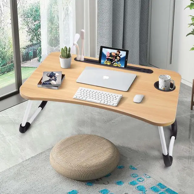 Alt view image 2 of 6 - Lap Desk with Cup Holder, Foldable Laptop Table for Bed, Portable Bed Desk for Laptop and Writing, Computer Tray with Tablet Slot, Notebook Stand Reading Holder for Couch Sofa Floor,Walnut