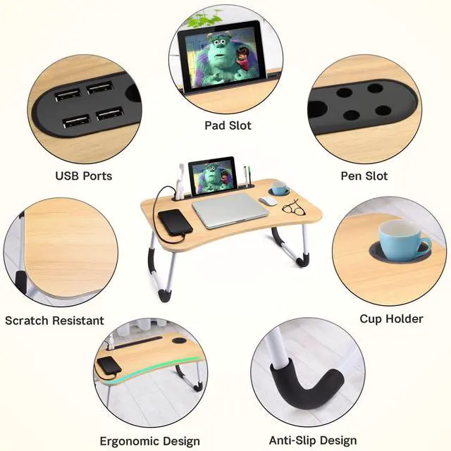 Alt view image 3 of 6 - Lap Desk with Cup Holder, Foldable Laptop Table for Bed, Portable Bed Desk for Laptop and Writing, Computer Tray with Tablet Slot, Notebook Stand Reading Holder for Couch Sofa Floor,Walnut
