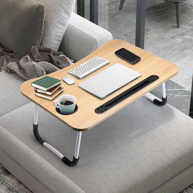 Alt view image 6 of 6 - Lap Desk with Cup Holder, Foldable Laptop Table for Bed, Portable Bed Desk for Laptop and Writing, Computer Tray with Tablet Slot, Notebook Stand Reading Holder for Couch Sofa Floor,Walnut