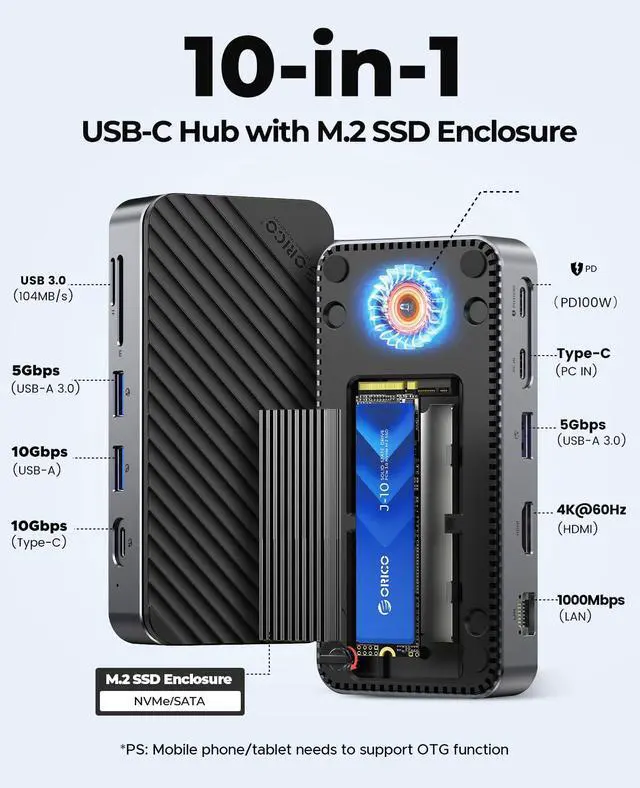 Alt view image 2 of 7 - USB C Hub with M.2 SSD Enclosure, New Upgrade 10-in-1 USB-C Docking Station with Built in fan, 10Gbps USB 3.2 Gen2 M.2 NVMe SSD Reader, Support 4K@60Hz HDMI, 100W PD, Ethernet, SD/TF - DPM2P9-V1
