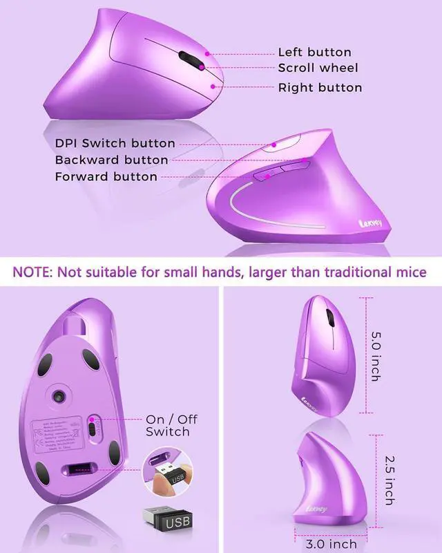 Alt view image 6 of 7 - Ergonomic Mouse, Rechargeable Vertical Wireless Mouse, Purple