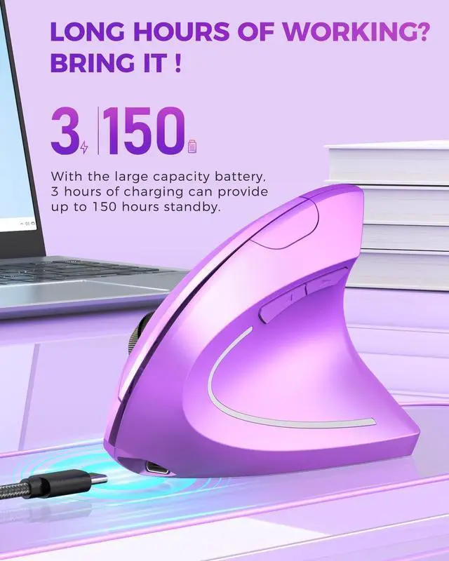 Alt view image 4 of 7 - Ergonomic Mouse, Rechargeable Vertical Wireless Mouse, Purple