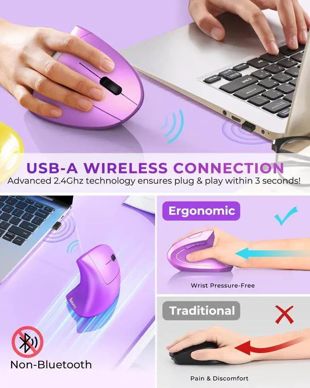 Alt view image 3 of 7 - Ergonomic Mouse, Rechargeable Vertical Wireless Mouse, Purple