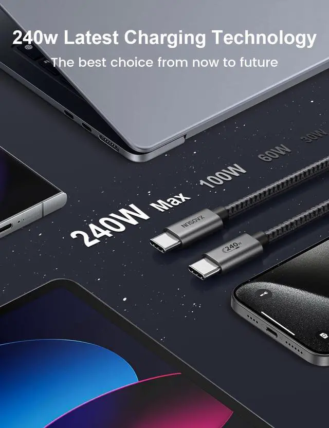 Alt view image 4 of 6 - USB C to USB C Cable 16 FT 240W, 5M USB C Charger Cable PD3.1 48V 5A, Braided Fast Charging Type C Cable for iPhone17 16 15, MacBook Air/Pro, iPad Pro, Samsung, Steam Deck, Switch, Laptop