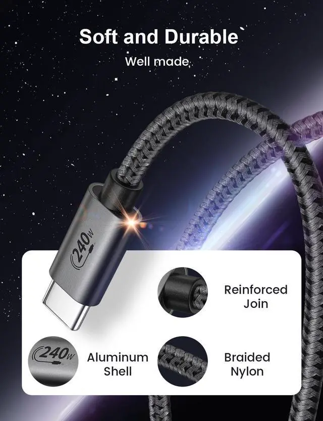 Alt view image 5 of 6 - USB C to USB C Cable 16 FT 240W, 5M USB C Charger Cable PD3.1 48V 5A, Braided Fast Charging Type C Cable for iPhone17 16 15, MacBook Air/Pro, iPad Pro, Samsung, Steam Deck, Switch, Laptop