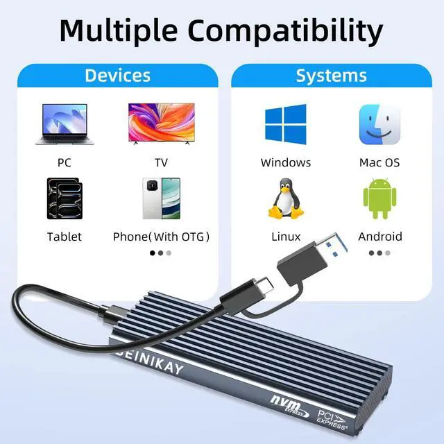 Alt view image 4 of 7 - M.2 NVME Enclosure, Tool-Free USB 3.2 Gen 2 (10 Gbps) to NVME Adapter with Heat Sink, 10Gbps Speed, Plug and Play, 16TB Expansion, with C-C to A Cable