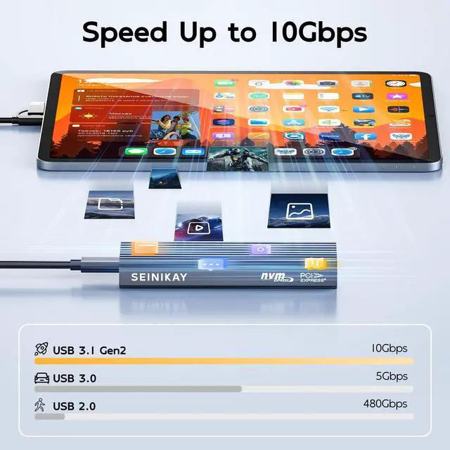 Alt view image 5 of 7 - M.2 NVME Enclosure, Tool-Free USB 3.2 Gen 2 (10 Gbps) to NVME Adapter with Heat Sink, 10Gbps Speed, Plug and Play, 16TB Expansion, with C-C to A Cable