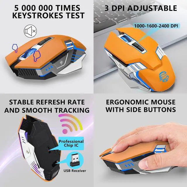 Alt view image 6 of 7 - Bluetooth Wireless Gaming Mouse, 2400 DPI, RGB Backlit, Rechargeable Cordless Computer Mouse for Laptop PC Mac Macbook Air/Pro iPad Chromebook Office Gamer - Orange