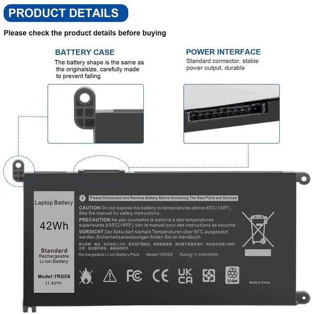 Alt view image 5 of 7 - YRDD6 Battery for Dell inspiron 15 3000 Series 3583 3593 3582 3584 3501,inspiron 15 5000 Series 5582 5584 5593 5594 5598 5585 14 3493 5481 5482 5485 5491 5493 7586 Vostro 5481 1VX1H P93G P75F 42Wh