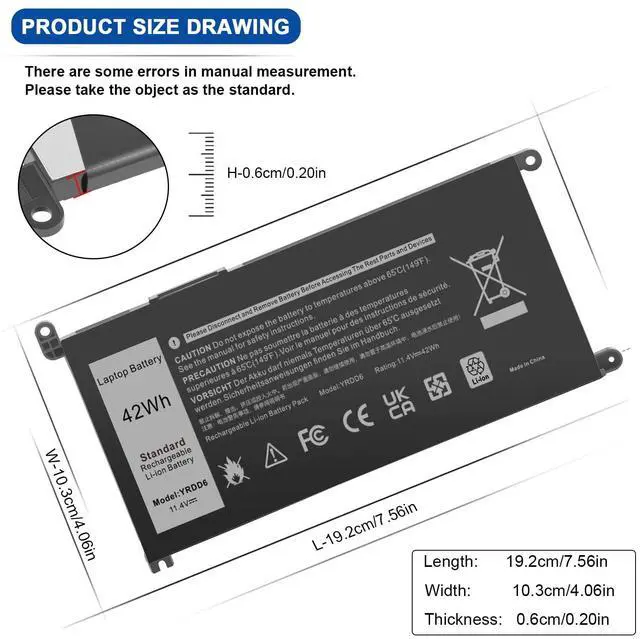 Alt view image 4 of 7 - YRDD6 Battery for Dell inspiron 15 3000 Series 3583 3593 3582 3584 3501,inspiron 15 5000 Series 5582 5584 5593 5594 5598 5585 14 3493 5481 5482 5485 5491 5493 7586 Vostro 5481 1VX1H P93G P75F 42Wh