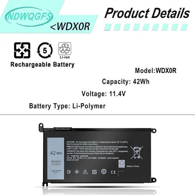Alt view image 2 of 7 - WDX0R 42Wh Laptop Battery for Dell Inspiron 13 5368 5378 15 5567 7560 17 5767 Series Vostro 14 5468 Latitude 3189 Replaces T2JX4 FC92N 3CRH3 | 11.4V Li-ion