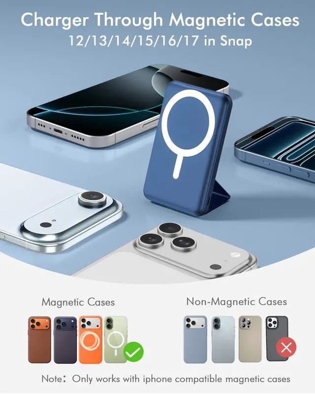 Alt view image 2 of 7 - for Magsafe Battery Pack, Foldable 10000mAh Magnetic Power Bank with USB-C Cable LED Display 22.5W PD Fast Charging Wireless Portable Charger for iPhone 17/16/15/14/13/12 Series-Navy Blue