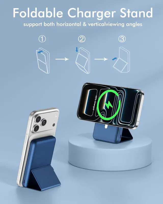 Alt view image 4 of 7 - for Magsafe Battery Pack, Foldable 10000mAh Magnetic Power Bank with USB-C Cable LED Display 22.5W PD Fast Charging Wireless Portable Charger for iPhone 17/16/15/14/13/12 Series-Navy Blue
