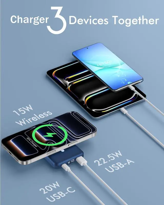 Alt view image 5 of 7 - for Magsafe Battery Pack, Foldable 10000mAh Magnetic Power Bank with USB-C Cable LED Display 22.5W PD Fast Charging Wireless Portable Charger for iPhone 17/16/15/14/13/12 Series-Navy Blue