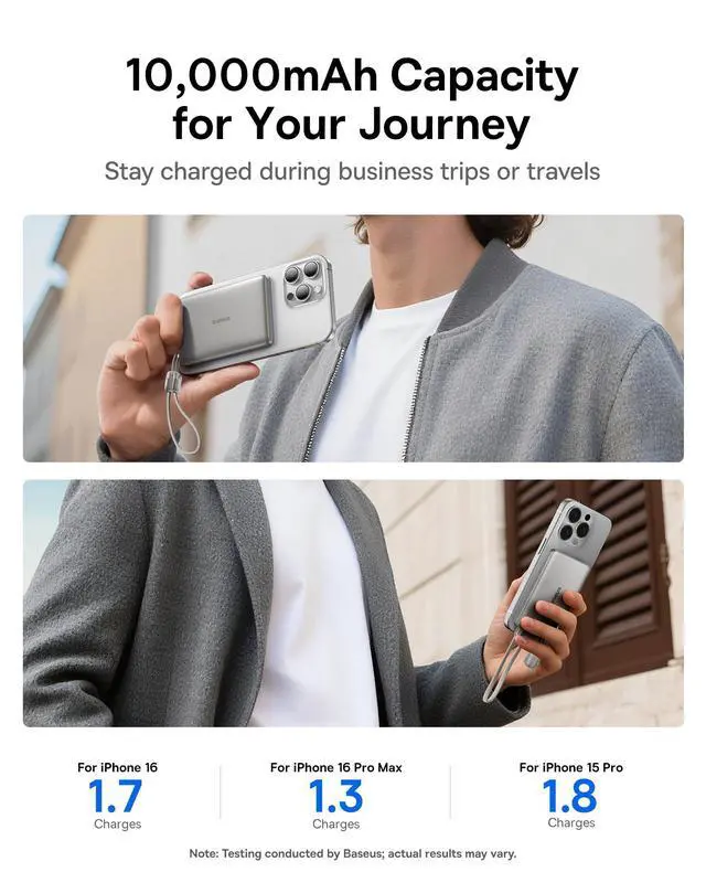 Alt view image 7 of 7 - Qi2 15W Magsafe Portable Charger, 0.5" Ultra Slim 10000mAh Wireless Power Bank with 27W Built-in USB-C Cable, Magnetic Battery Pack for iPhone 17 Pro Max/17 Pro/Air/16/15/14/13/12